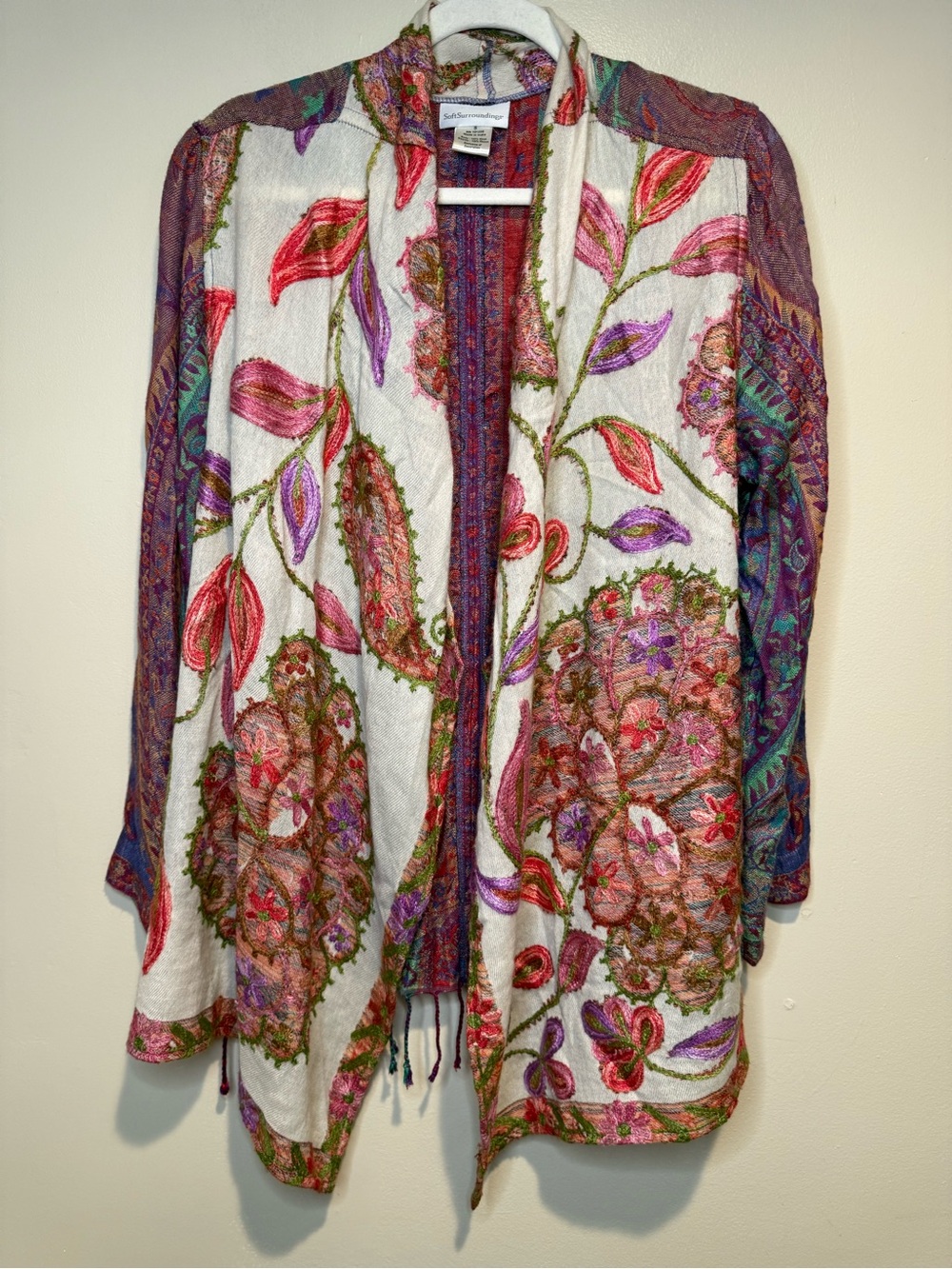 Soft Surroundings Floral Paisley Wool Open Front Topper Jacket Cardigan S